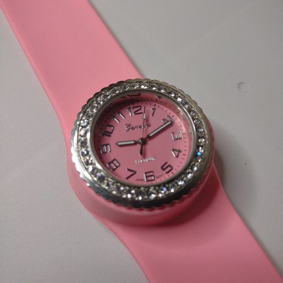 Silver Tone And Pink Rubber Snap Band Watch - Picture 1 of 16